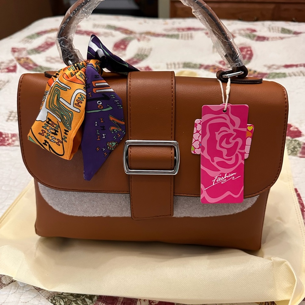 Brown FAUX Leather Satchel with Top Handle and Flap Closure with two cross body